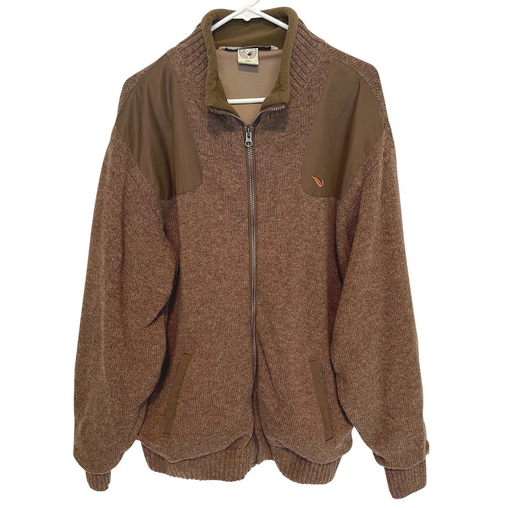 Macks Prairie Wings Men 2XL Full Zip Shooting Sweater Wool Blend Jacket Brown